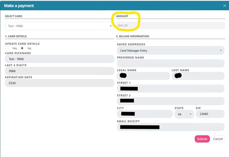 Aspect Counseling portal, amount due