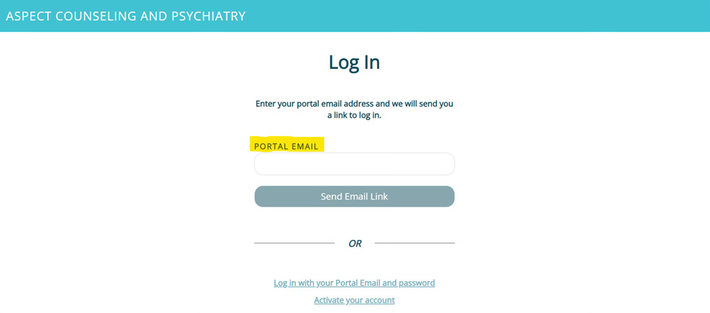 Aspect Counseling portal login with email link