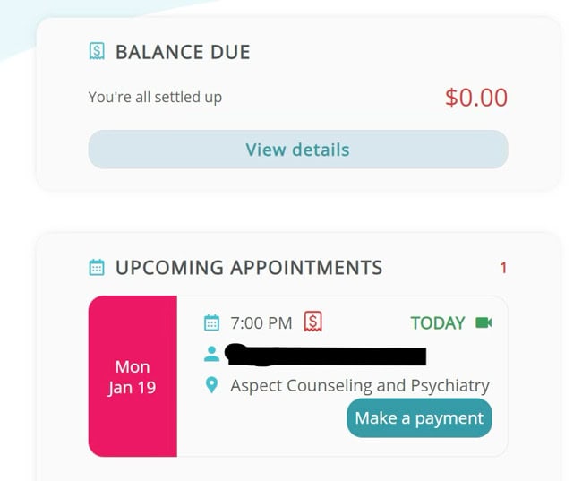 Aspect Counseling portal, make a payment button